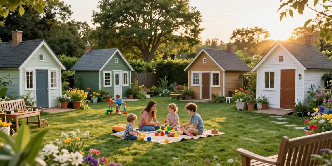 Gartenhäuser im Hintergrund während eines Familienpicknicks im Garten.