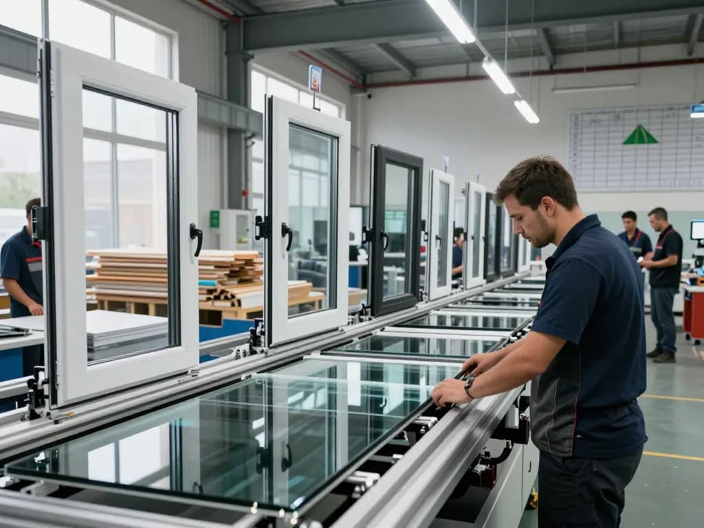 Handwerker inspiziert Fenster im Fensterbau in einer modernen Fabrik und zeigt innovative Fertigungstechniken.