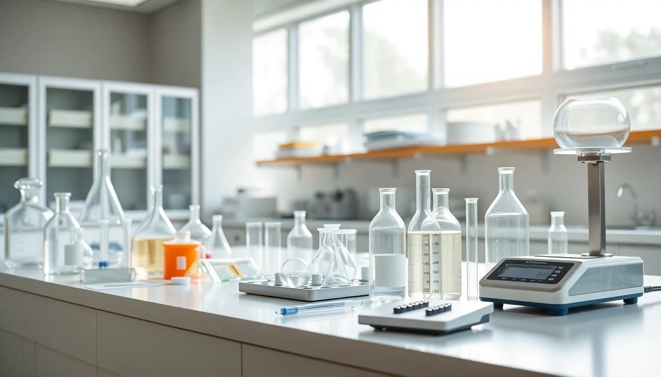 Labormaterial bestellen in einem modernen, hellen Labor mit Bechern und Reagenzglaesern.