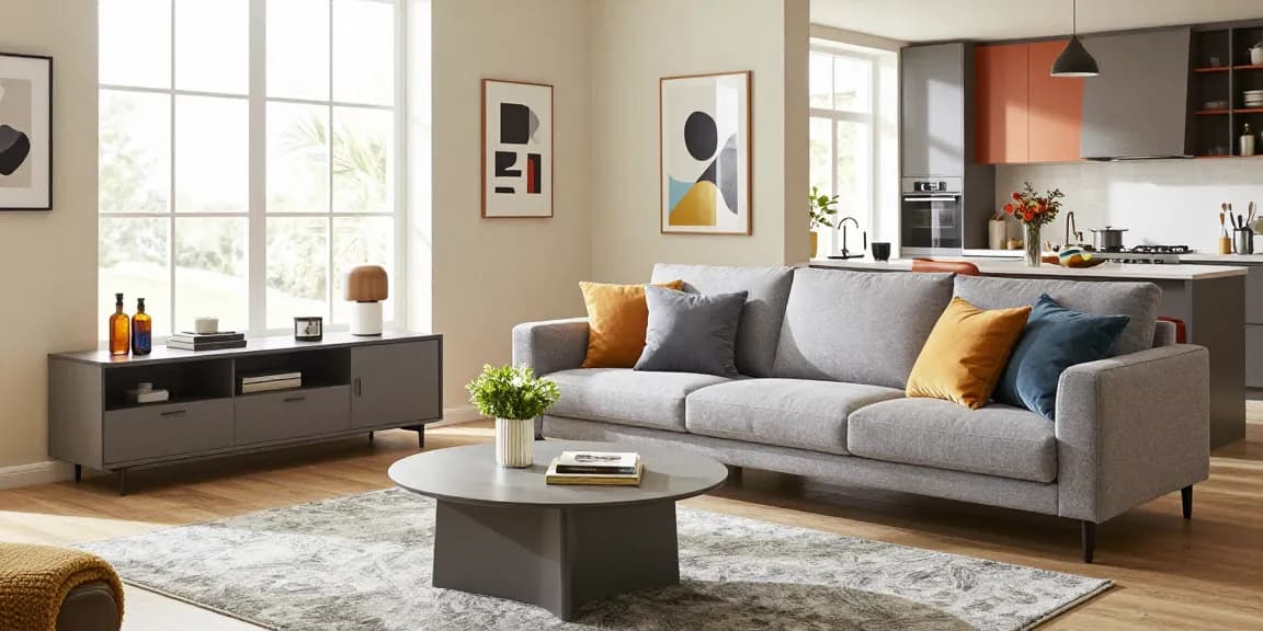 Stylisches Wohnzimmer mit modernem Sofa und Dekor, perfekt für wohnmöbel online kaufen.