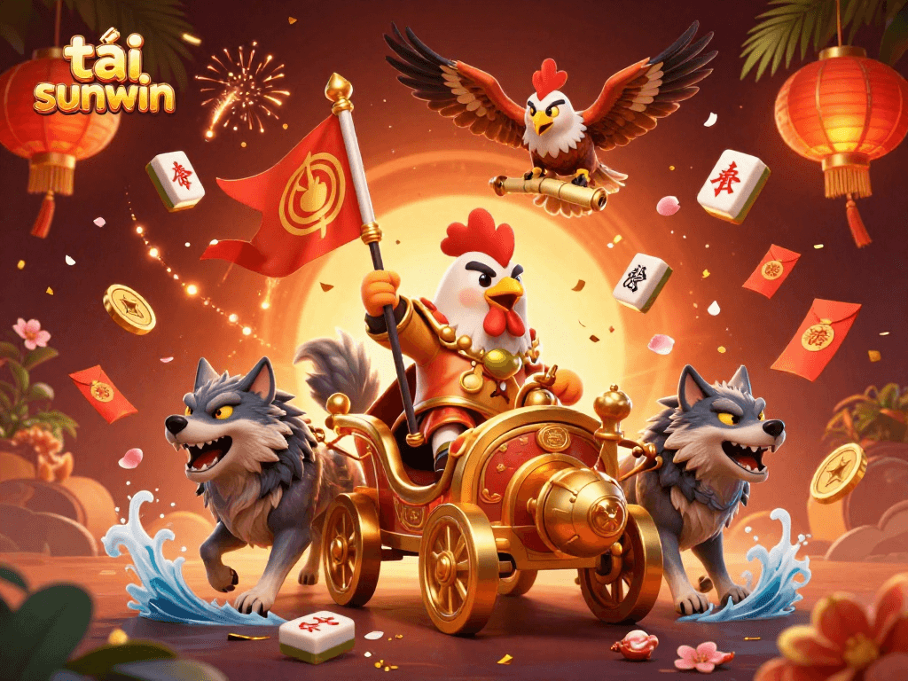 Tải sunwin offers an exciting experience with a dynamic 3D scene featuring a rooster warlord, a golden chariot, and game elements.