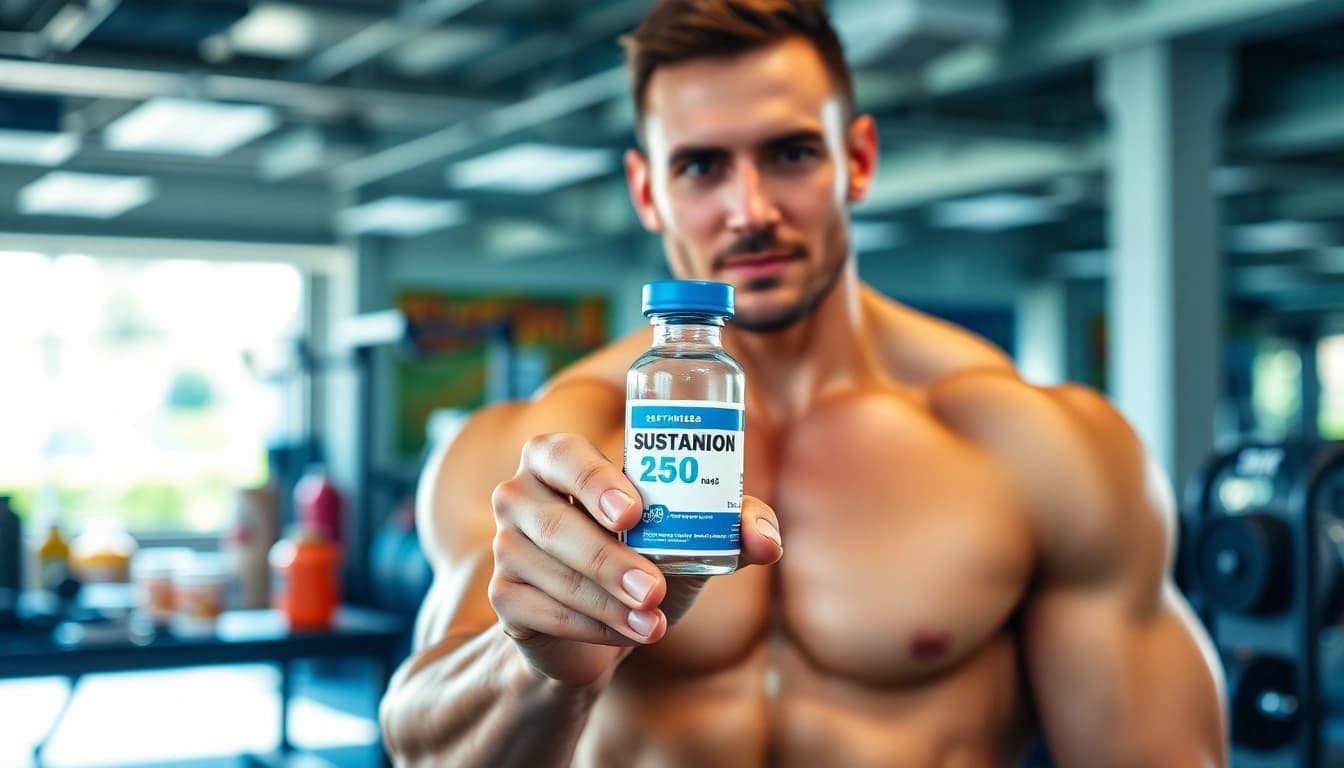Vial of sustanon 250 kaufen held by a fitness enthusiast in an energetic gym atmosphere.