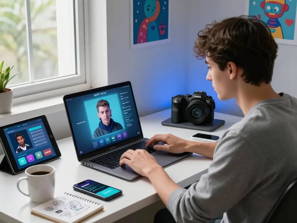 User interacting with an engaging nsfw chat bot on a laptop in a contemporary workspace.