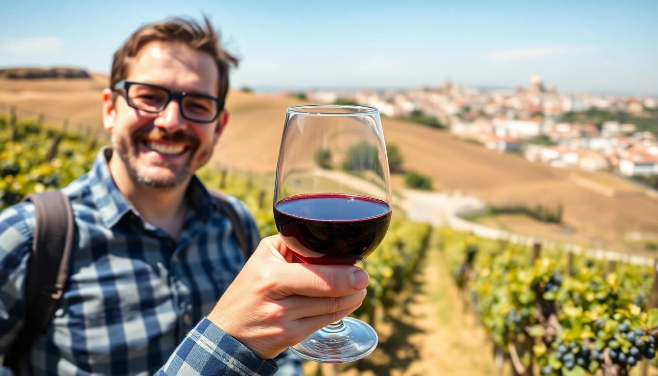 Erleben Sie die faszinierende Portwein Tour Porto in einem malerischen Weinberg mit einem Glas schimmernden Port.