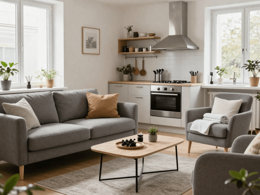 Gemütliche Monteurwohnung Hannover mit gut ausgestatteter Küche und einladendem Wohnbereich.