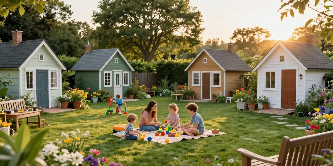 Gartenhäuser im Hintergrund während eines Familienpicknicks im Garten.