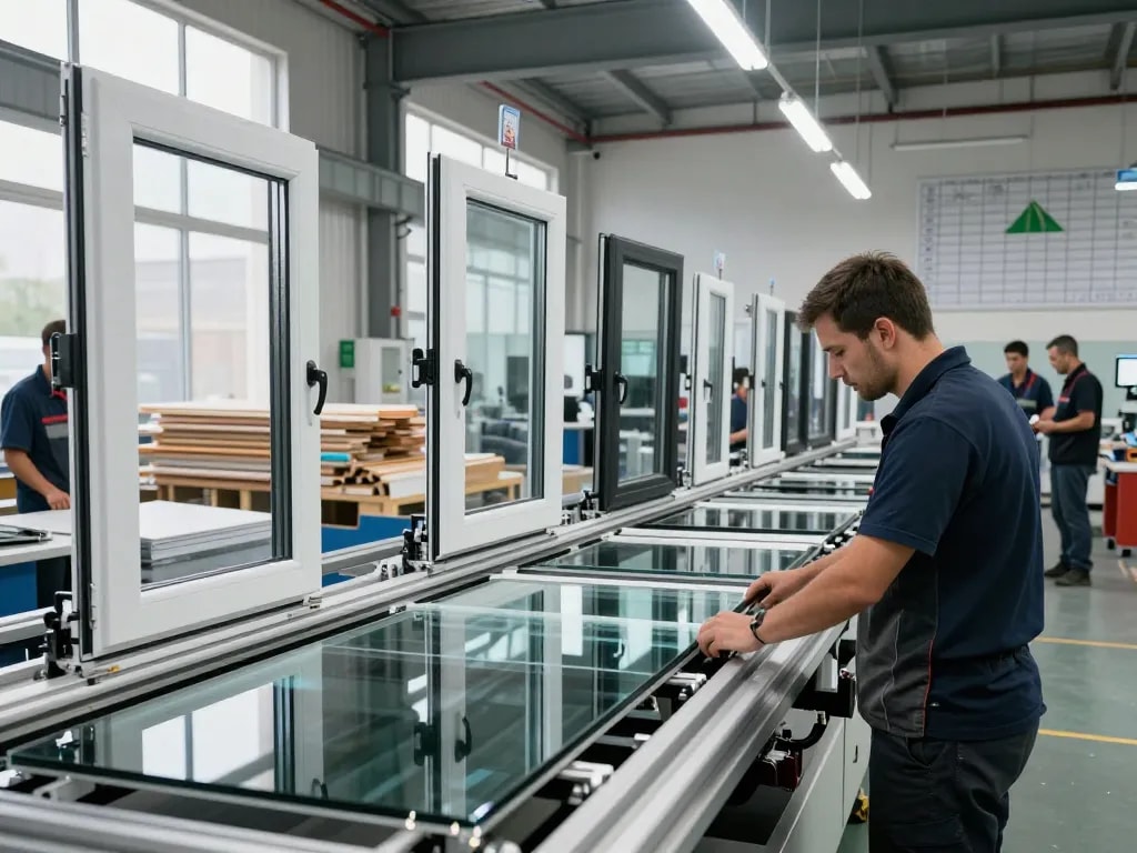 Handwerker inspiziert Fenster im Fensterbau in einer modernen Fabrik und zeigt innovative Fertigungstechniken.