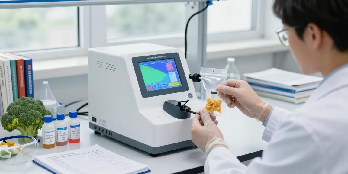 Headspace Sauerstoffanalysator misst den Sauerstoffgehalt in Lebensmittelverpackungen im Labor.
