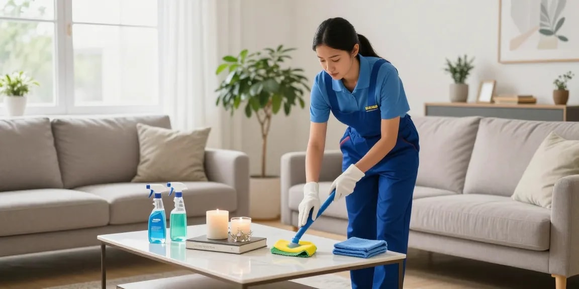 Professional cleaner dusting a stylish living room, representing reinigungsfirmen bern services for a sparkling clean home.