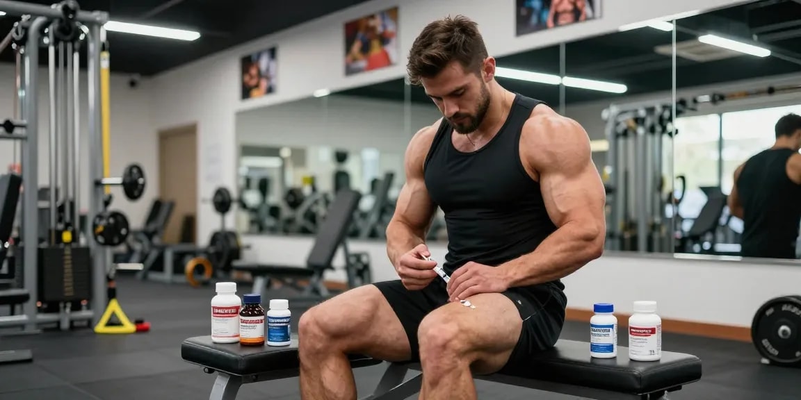 Anabolika Shop: Männlicher Bodybuilder spritzt Steroide für optimale Muskelaufbau-Technik im Fitnessstudio.