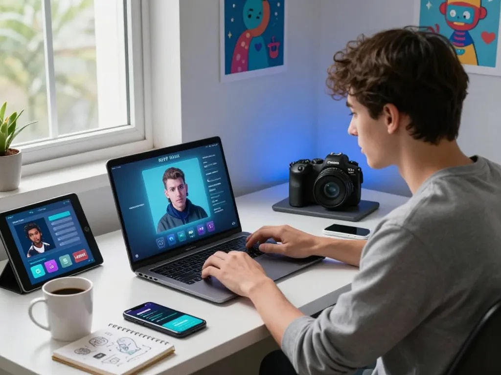 User interacting with an engaging nsfw chat bot on a laptop in a contemporary workspace.