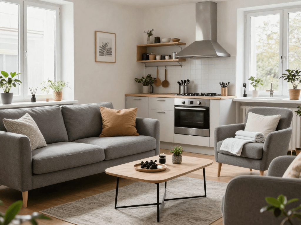 Gemütliche Monteurwohnung Hannover mit gut ausgestatteter Küche und einladendem Wohnbereich.