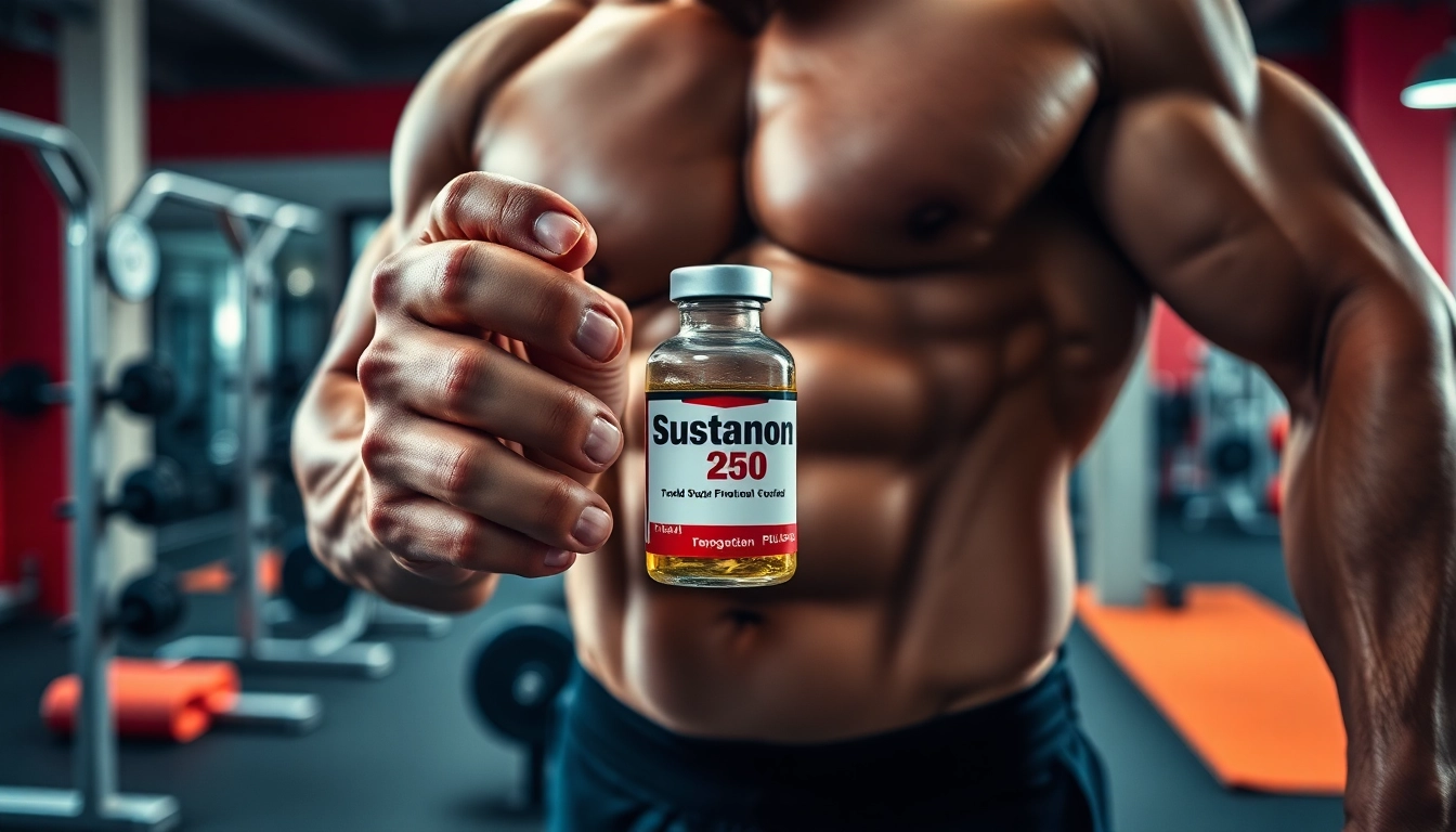 Sustanon 250 kaufen: Bodybuilder holds a vial in a gym setting, highlighting strength and fitness.