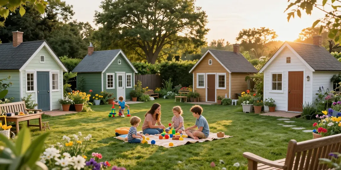 Gartenhäuser im Hintergrund während eines Familienpicknicks im Garten.
