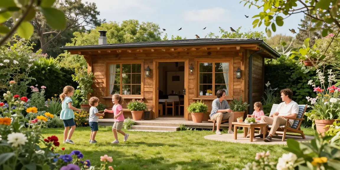 Ein Garten Haus umgeben von üppigem Grün, Familie genießt Zeit im Freien.