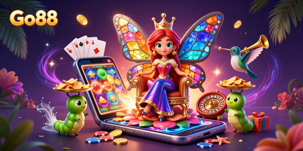 Experience the vibrant world of Go88 with a stunning 3D illustration featuring a butterfly queen and exciting casino elements.