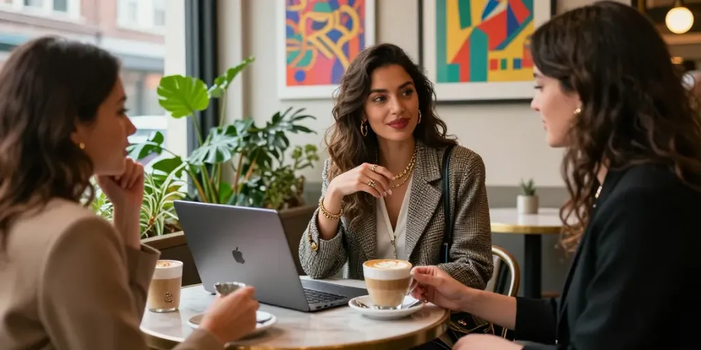 Stylische Frau in einem Café bei https://www.lady-lifestyle.de/ mit Laptop und Kaffee, die die urbane Lebensart verkörpert.