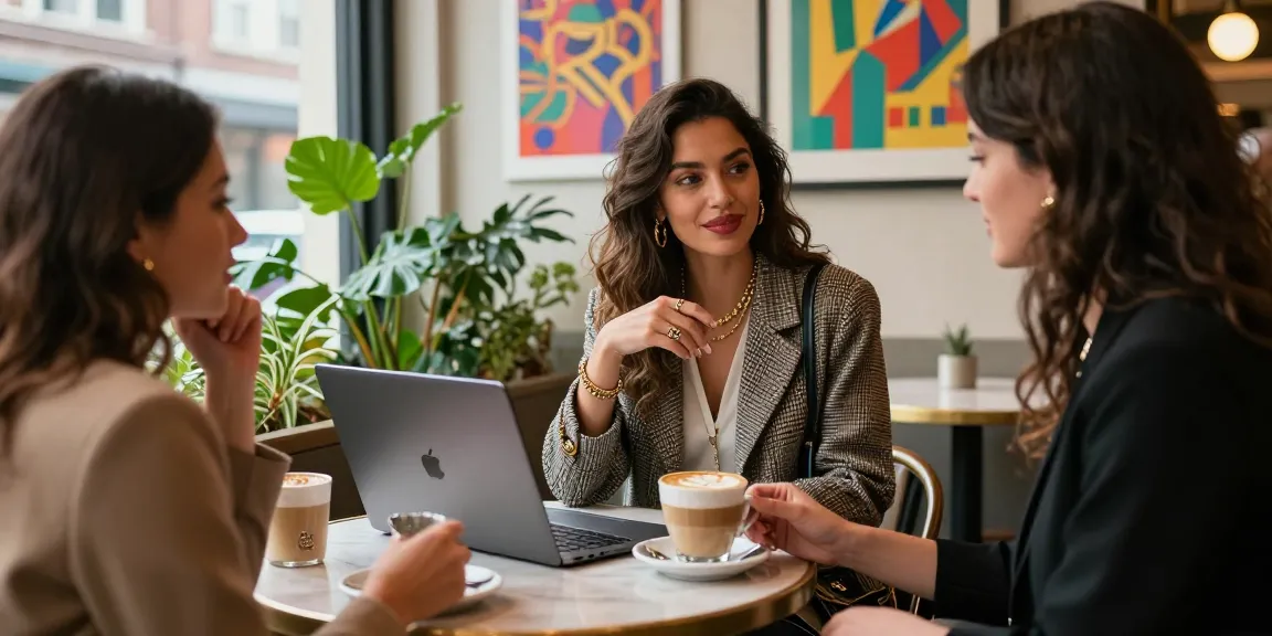 Stylische Frau in einem Café bei https://www.lady-lifestyle.de/ mit Laptop und Kaffee, die die urbane Lebensart verkörpert.
