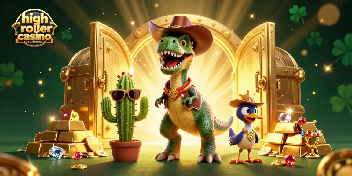 Experience high roller casino australia vibes with a T-Rex, cactus, and roadrunner amidst treasure.
