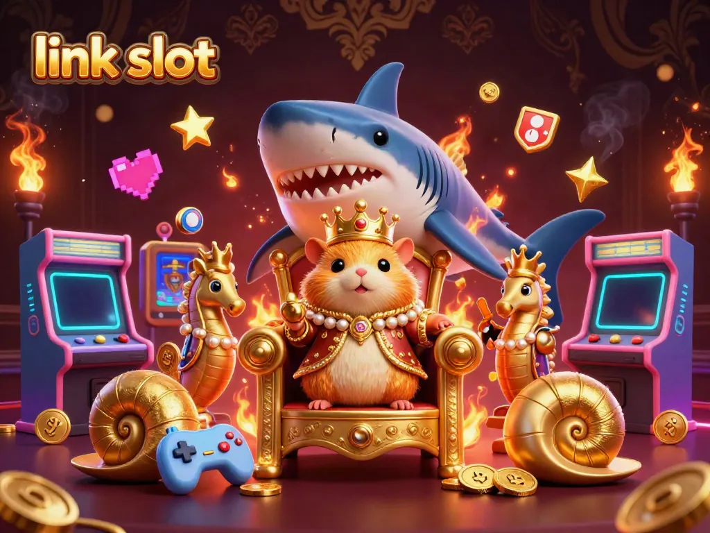 Engage in thrilling gameplay with link slot featuring a golden hamster king on a megalodon throne amidst vibrant arcade elements.