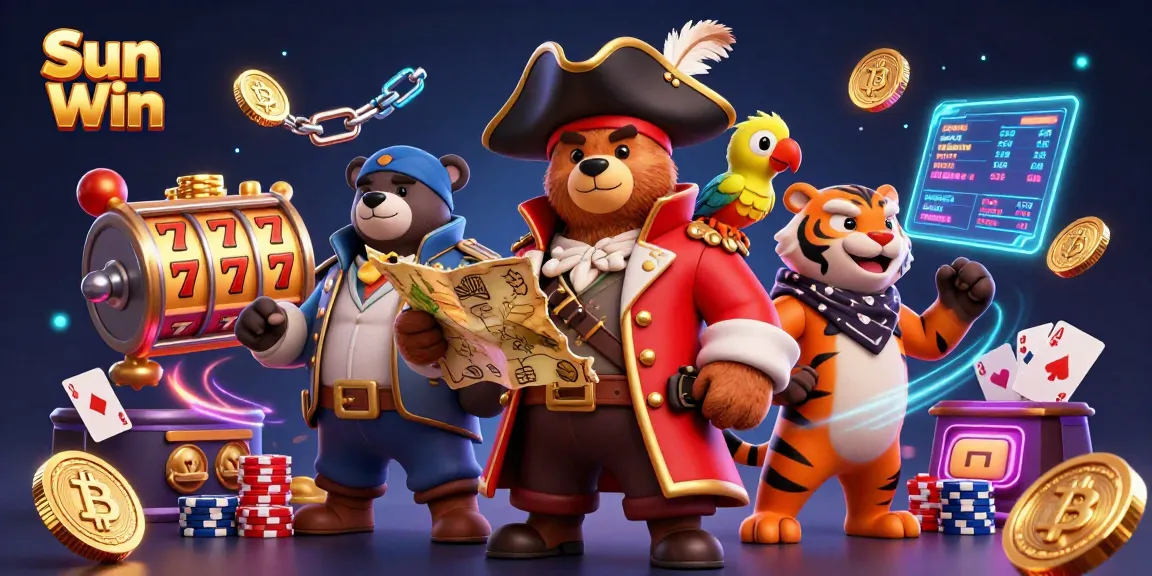 Play exciting games at Sun Win with a pirate captain bear and his tiger mate in a vibrant casino scene.