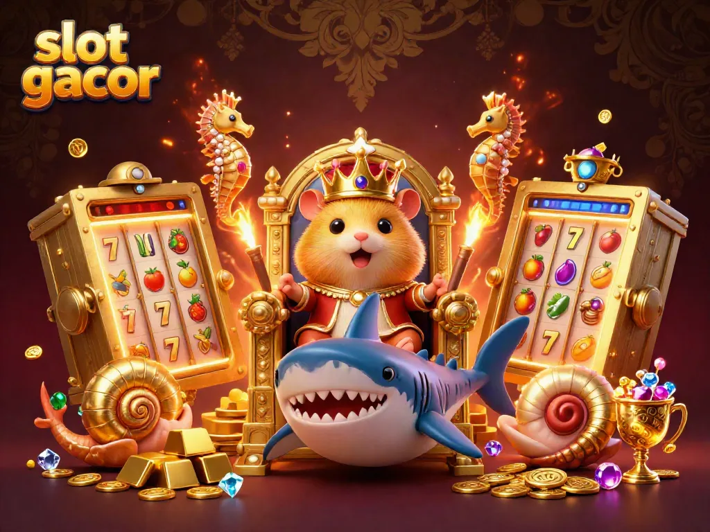 Experience thrilling gameplay in the slot gacor scene with vibrant slot elements and a regal hamster king.