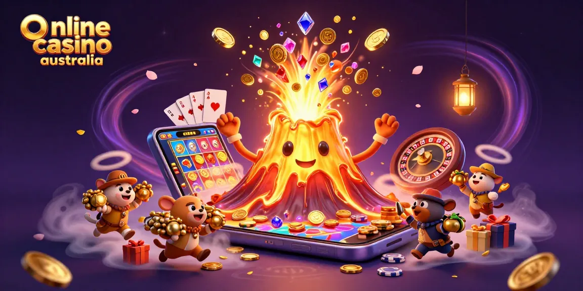 Experience the excitement of online casino Australia with vibrant treasures erupting from a golden volcano.