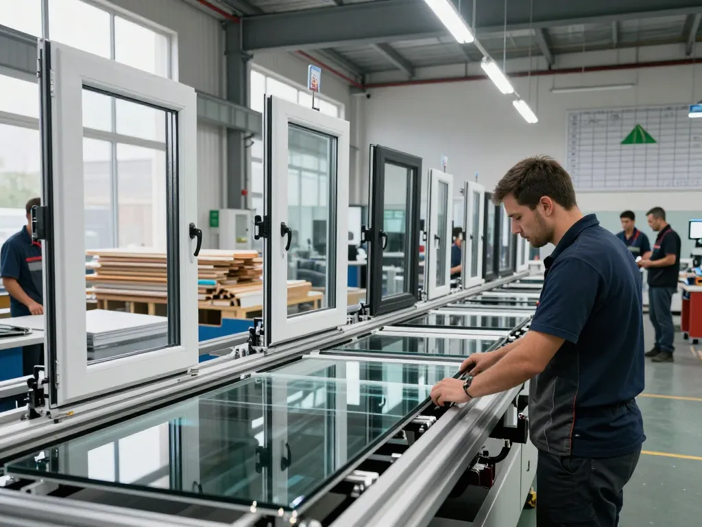 Handwerker inspiziert Fenster im Fensterbau in einer modernen Fabrik und zeigt innovative Fertigungstechniken.