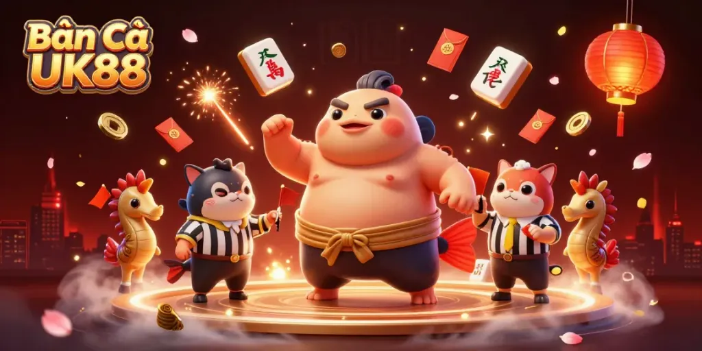 Engaging scene of Bắn cá UK88 entertainment with a cartoon fugu and seahorse spectators in a colorful underwater setting
