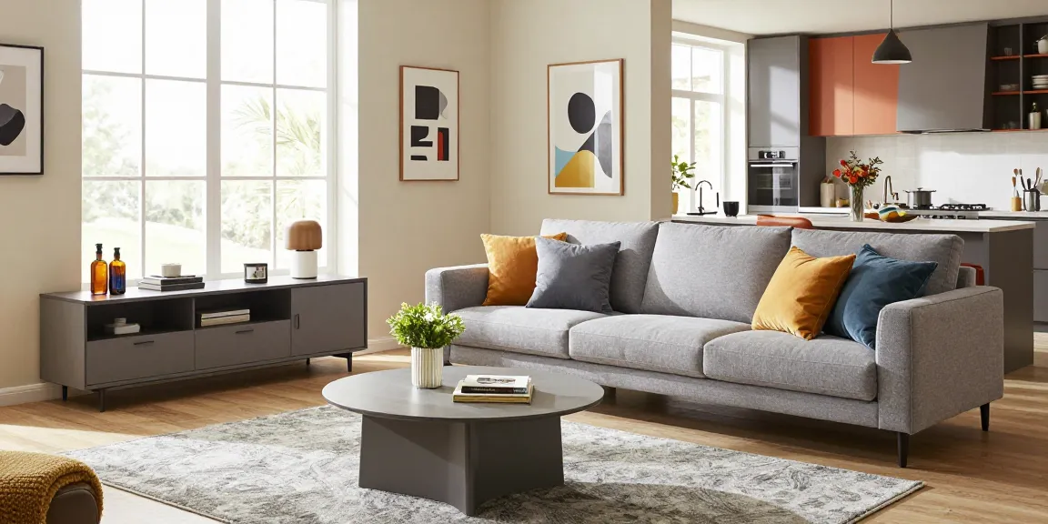 Stylisches Wohnzimmer mit modernem Sofa und Dekor, perfekt für wohnmöbel online kaufen.