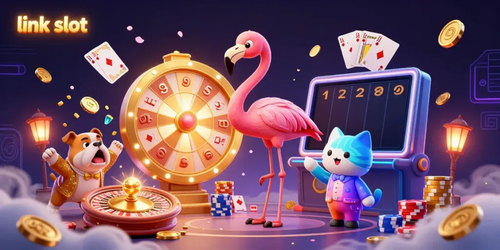 Engage with link slot excitement in this vibrant casino scene, featuring animated characters and dazzling slot elements.