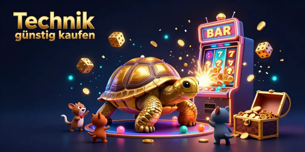 Eine aufregende Szene mit "Technik günstig kaufen", die einen goldenen Schildkröte-Pinballautomaten zeigt, umgeben von Spielern.