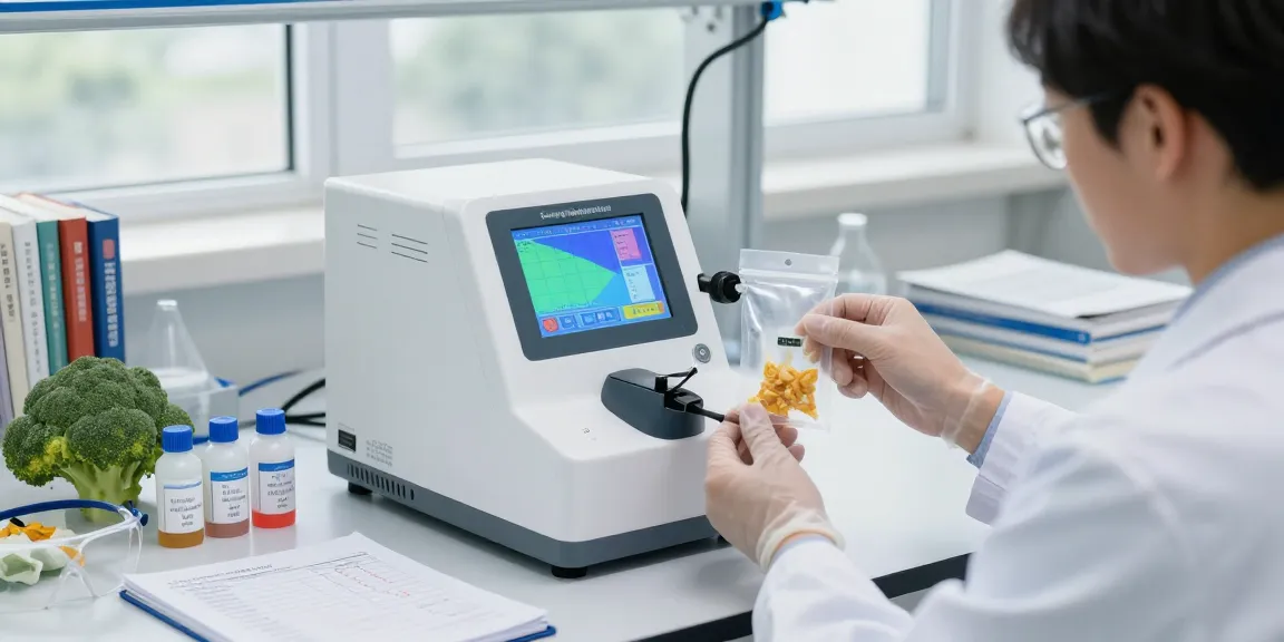 Headspace Sauerstoffanalysator misst den Sauerstoffgehalt in Lebensmittelverpackungen im Labor.