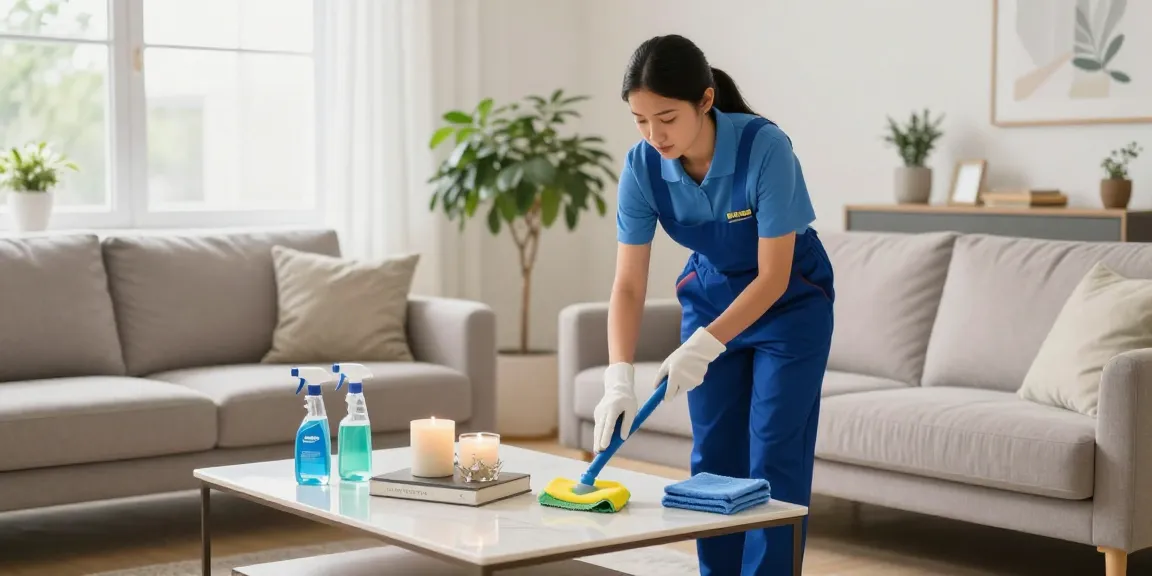 Professional cleaner dusting a stylish living room, representing reinigungsfirmen bern services for a sparkling clean home.