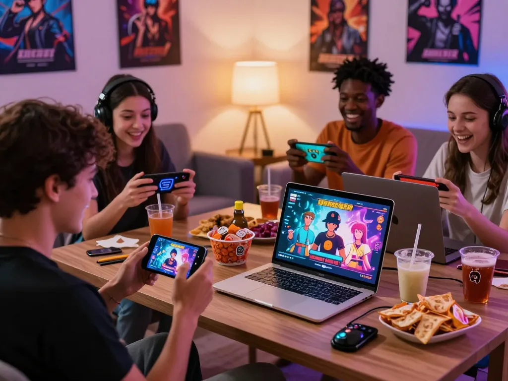 Players enjoying a variety of free sex games in a cozy living room setting with colorful graphics on their devices.