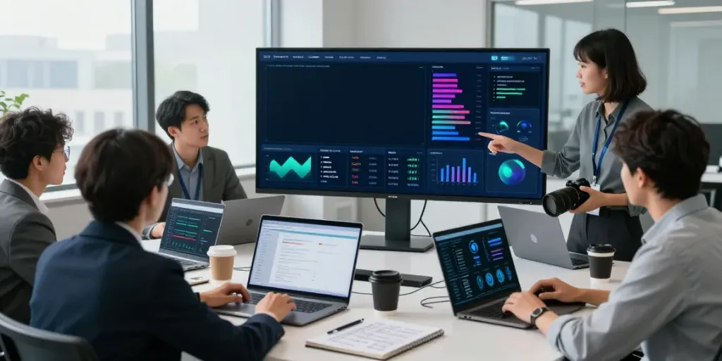 IT Sicherheit für KMU: Team in modernem Büro bespricht Cybersecurity-Strategien mit großen Bildschirmen und Laptops.
