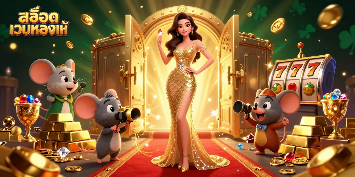 Play สล็อตเว็บตรงแท้ with vibrant visuals featuring a glamorous scene filled with riches and slot elements.