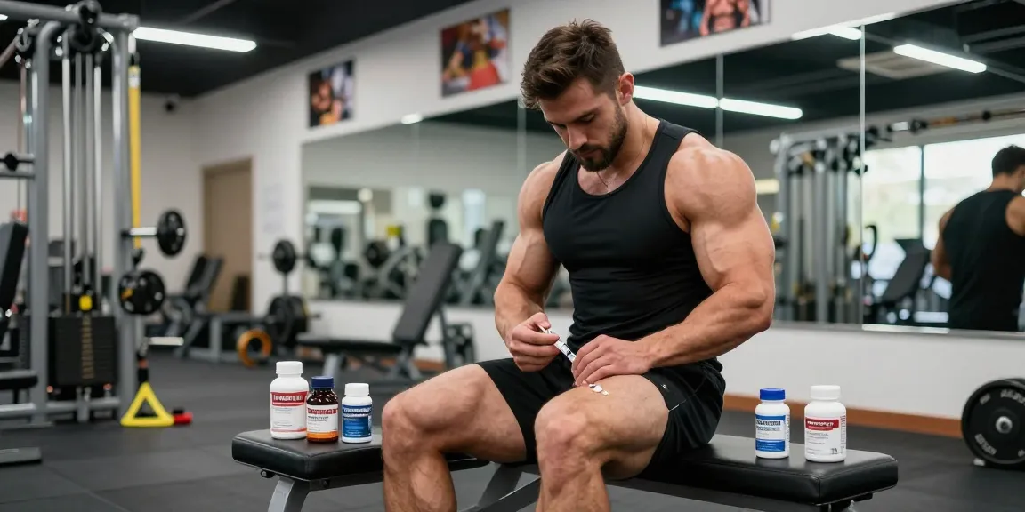 Anabolika Shop: Männlicher Bodybuilder spritzt Steroide für optimale Muskelaufbau-Technik im Fitnessstudio.