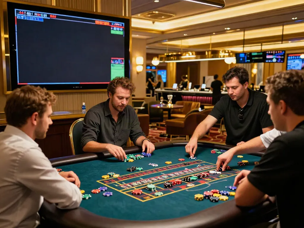 Engaging live casino atmosphere at https://rikvipt1.co/ with players at roulette table.