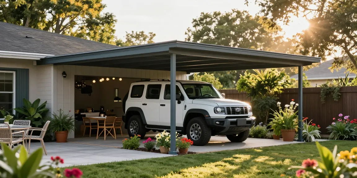 Moderne Carport in einem einladenden Garten mit bunten Pflanzen und einem geparkten Fahrzeug, das Schutz bietet.