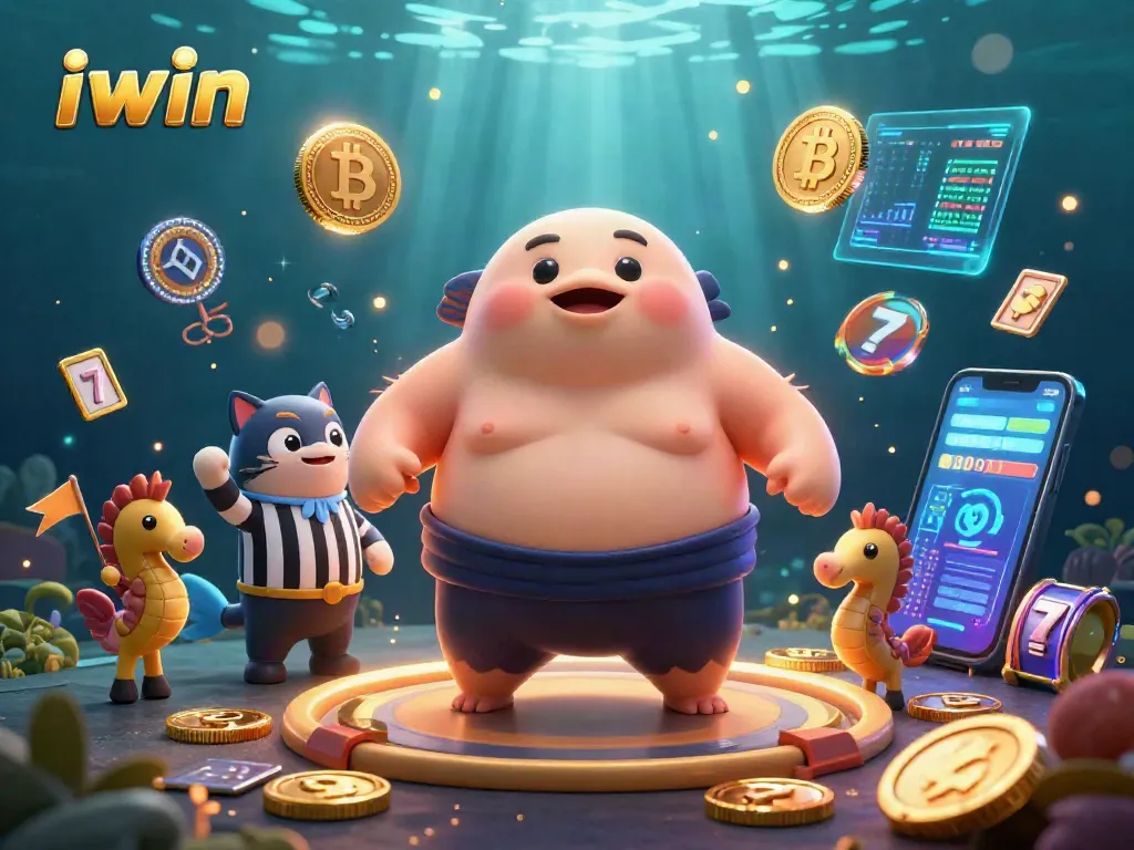 Experience the excitement of iwin with a vibrant 3D underwater casino scene featuring unique characters and games.