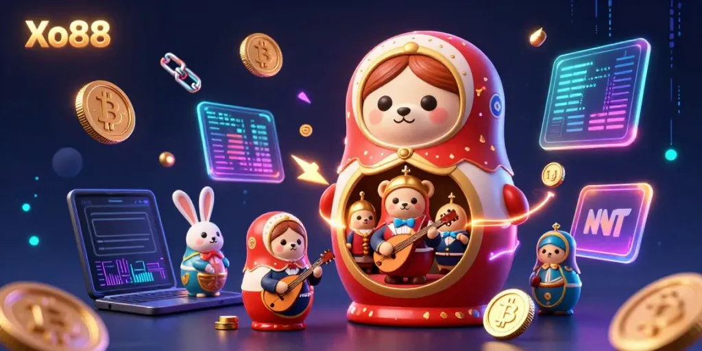 Engage with Xo88's vibrant 3D casino scene where Matryoshka bears reveal surprises amidst crypto elements and glowing coins.