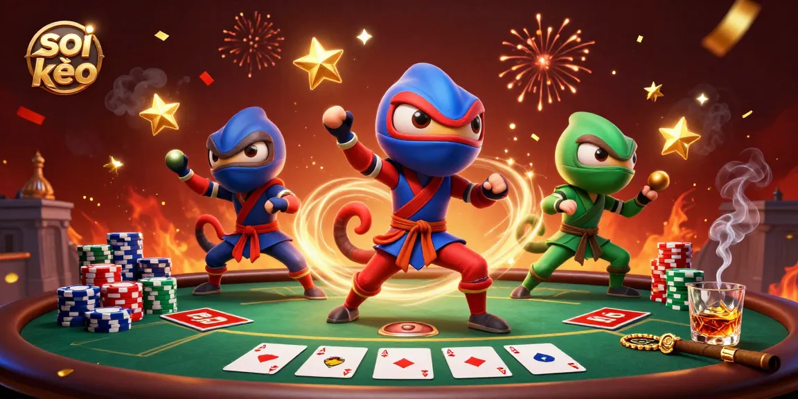 Soi kèo reveals a vibrant scene of chameleon ninjas showcasing betting prowess with poker elements.
