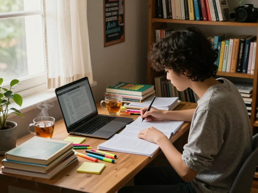 Student, der sich auf das Hausaufgaben lösen in einem gemütlichen Arbeitszimmer mit warmem Licht und Lehrbüchern konzentriert.