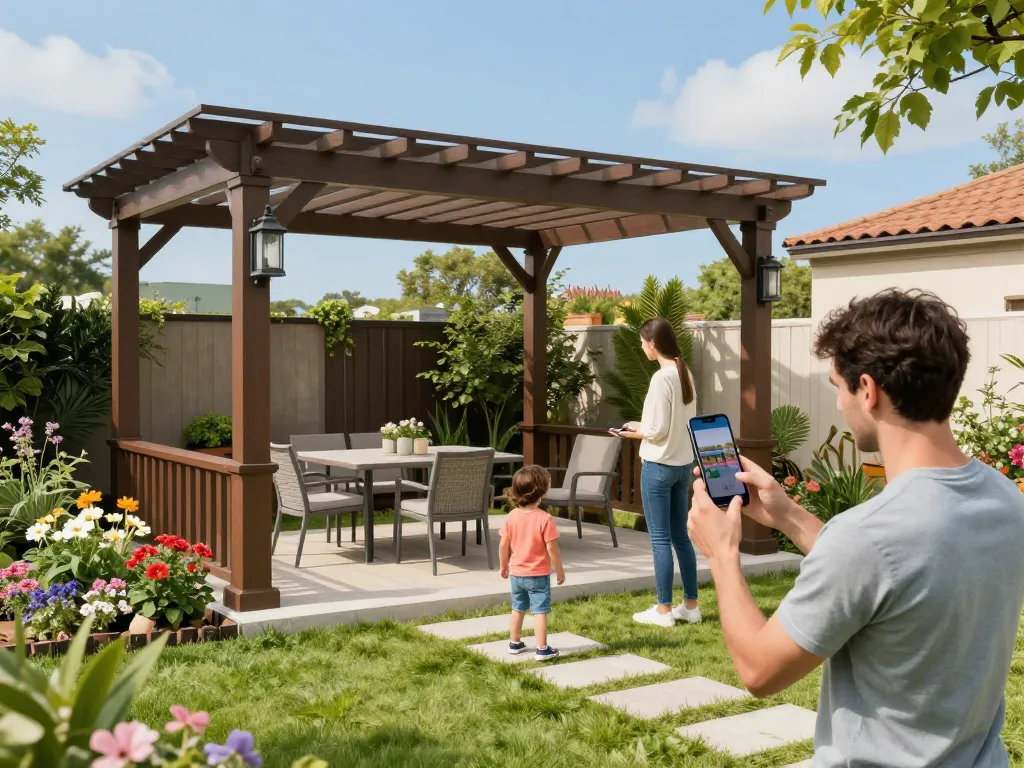 Familie, die ihre Pergola 3D-Erfahrung in einem lebhaften Garten mit Elementen der erweiterten Realität genießt.