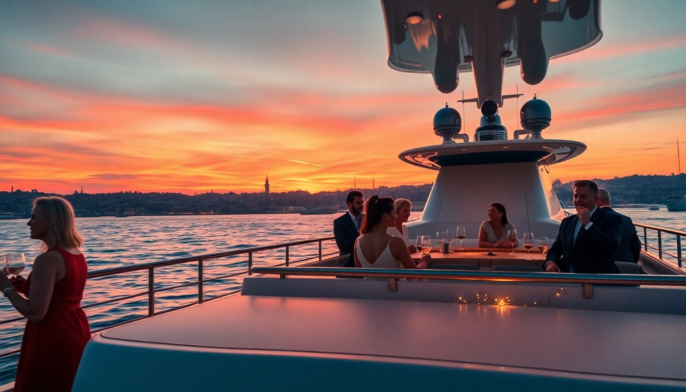 Bosphorus sunset cruise on a luxury yacht with vibrant sunset colors over Istanbul.