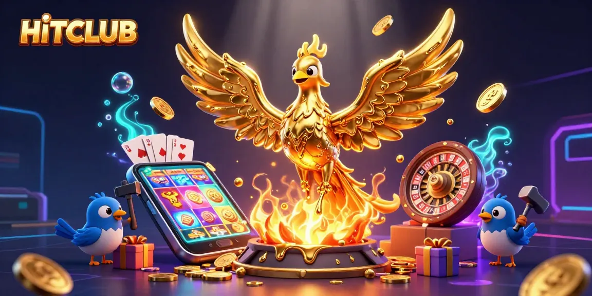 Engage in HITCLUB's vibrant gaming world with golden phoenix, slots, and casino elements.