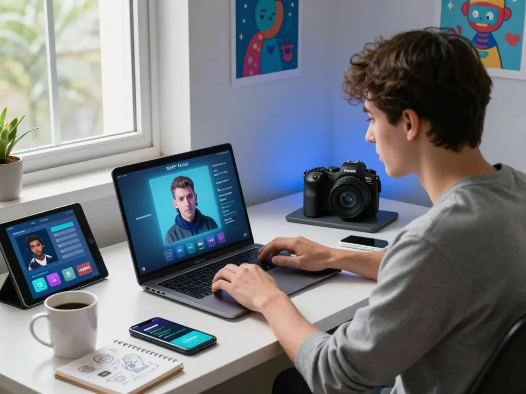 User interacting with an engaging nsfw chat bot on a laptop in a contemporary workspace.