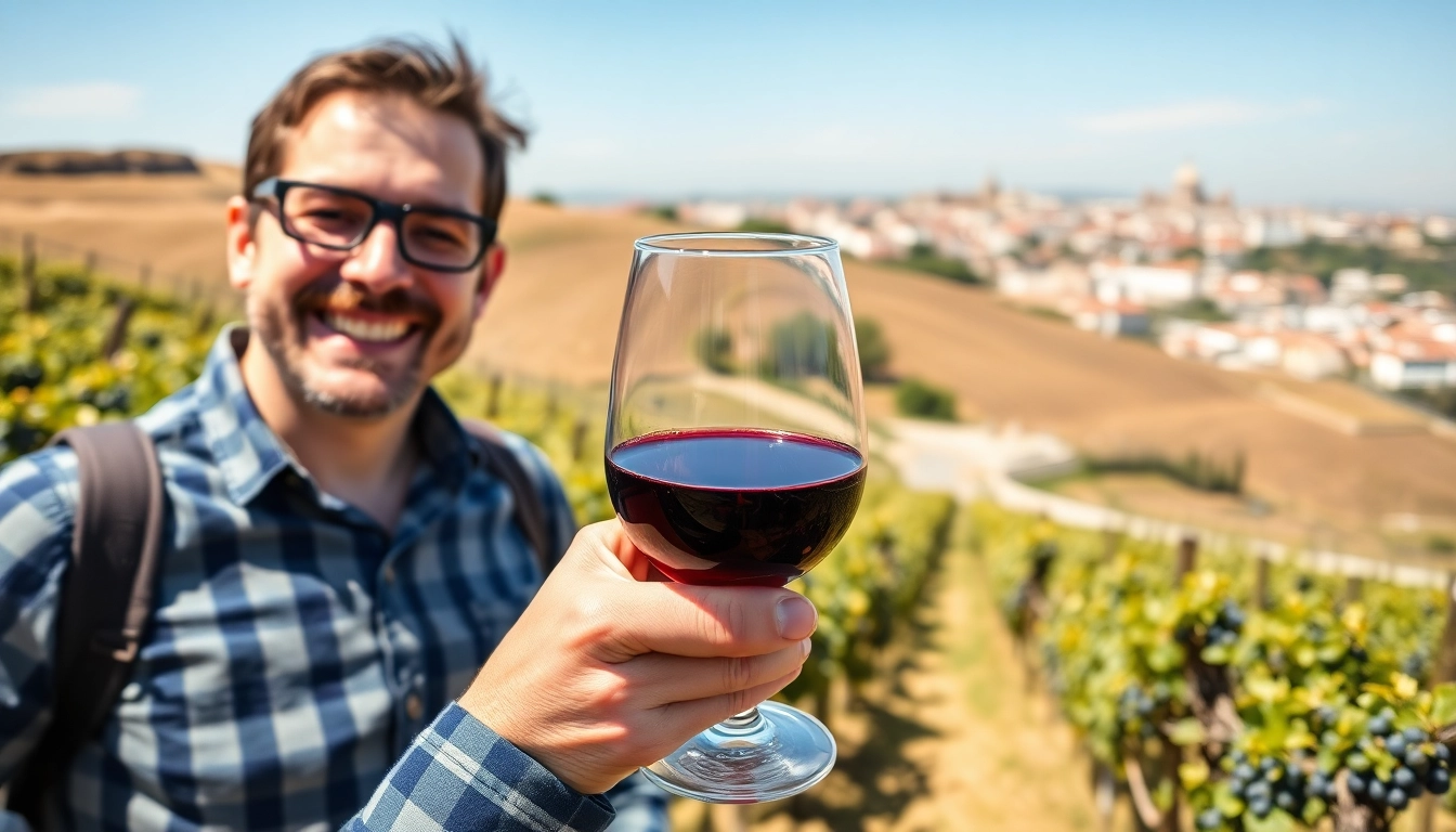 Erleben Sie die faszinierende Portwein Tour Porto in einem malerischen Weinberg mit einem Glas schimmernden Port.