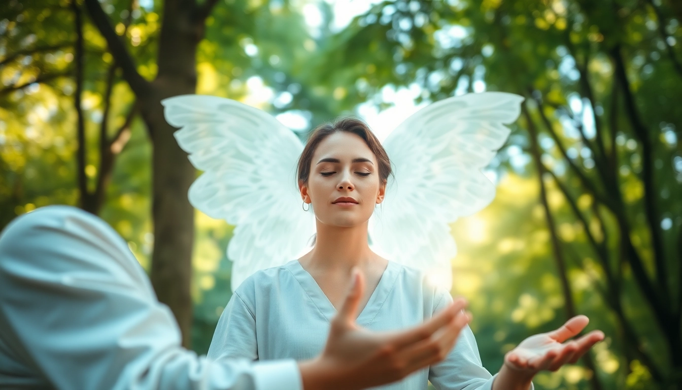 Engelarbeit lernen: meditative Sitzung mit ethereal Lichtsymbolen in der Natur.